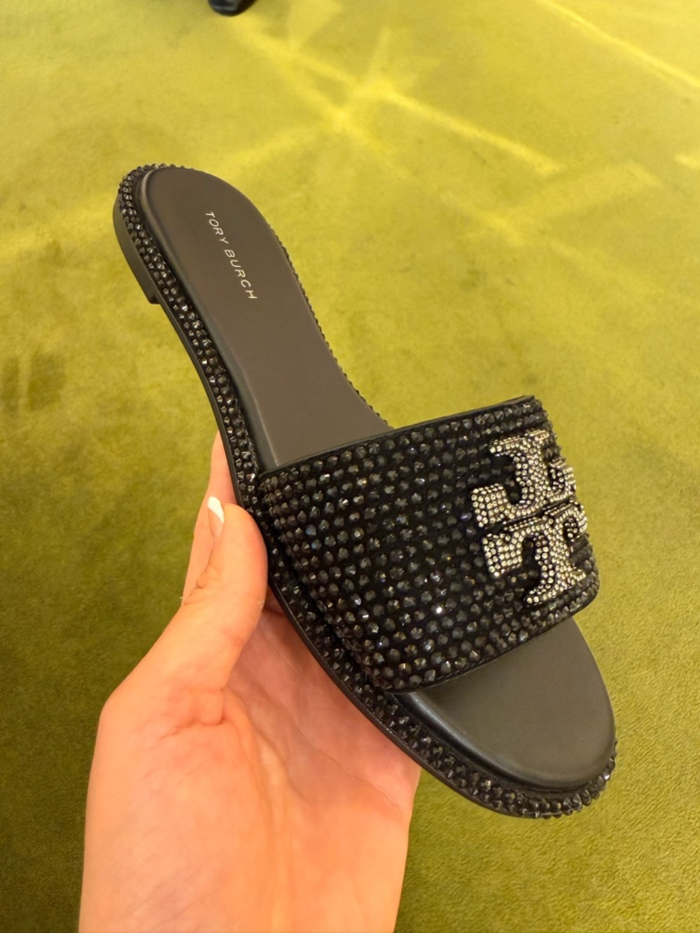 Tory Burch Everly Crystal Logo Rhinestone Slide Sandals, Black / Clear / Silver - Picture 4 of 6